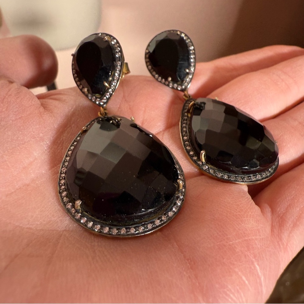 Sterling silver pear shape Black glass topaz halo oversized dangle earrings - Picture 14 of 15